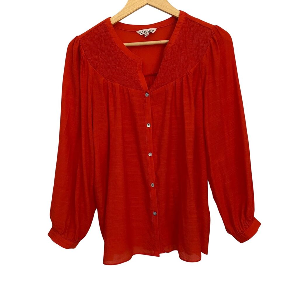 Nanette‎ Lepore Red Orange Flowy Button Up Peasant Blouse Size L